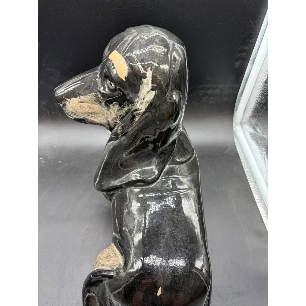 Vintage Ceramic Basset Hound Dog Figurine Signed Snoopy Black Tan Glossy 11.5in